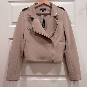 NWT Lulu's Taupe Moto Jacket, Scuba Knit / Faux Leather